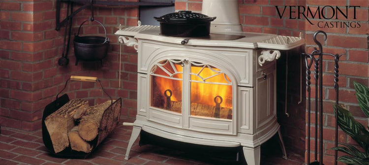 Vermont castings. Pretty elegant cottage lattice styled cast iron enamelled cast iron wood burning stoves ; Vermont Brochure