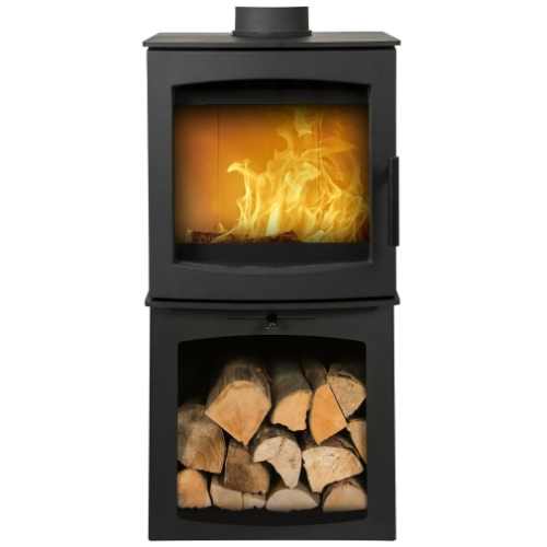 Mi-Fires Tinderbox Small 5kW Wood Stove on Log Box. ECODesign 2022, Smoke Control Area Exempt, 82.7% Efficient, A+ Energy Rating at The Stove House Ltd. West Sussex.