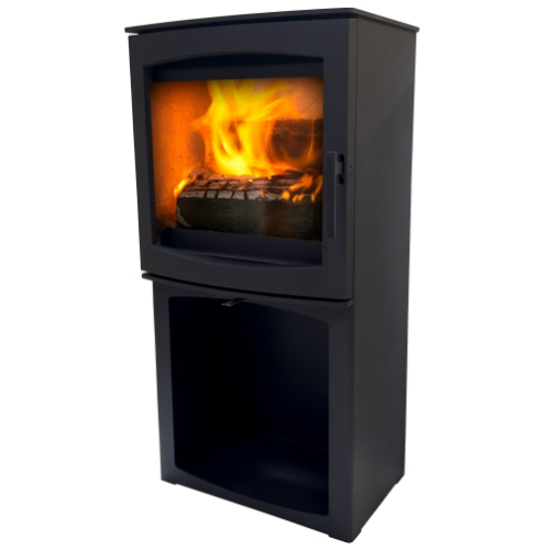 Mi-Fires Tinderbox Large 5kW Wood Stove on Log Box. ECODesign 2022, Smoke Control Area Exempt, 80.4% Efficient, A+ Energy Rating at The Stove House Ltd. West Sussex.