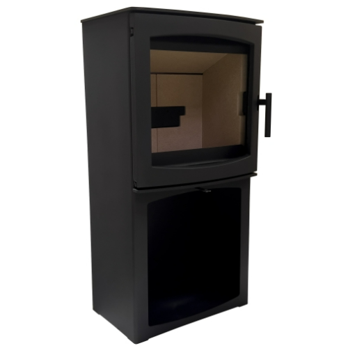 Mi-Fires Tinderbox Large 5kW Wood Stove on Log Box. ECODesign 2022, Smoke Control Area Exempt, 80.4% Efficient, A+ Energy Rating at The Stove House Ltd. West Sussex.