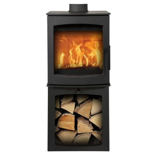 Mi-Fires Tinderbox Medium 5kW Wood Stove on Log Box. ECODesign 2022, Smoke Control Area Exempt, 85.1% Efficient, A+ Energy Rating at The Stove House Ltd. West Sussex.