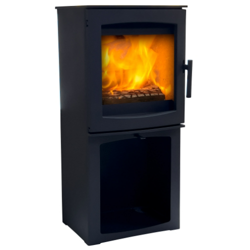 Mi-Fires Tinderbox Medium 5kW Wood Stove on Log Box. ECODesign 2022, Smoke Control Area Exempt, 85.1% Efficient, A+ Energy Rating at The Stove House Ltd. West Sussex.