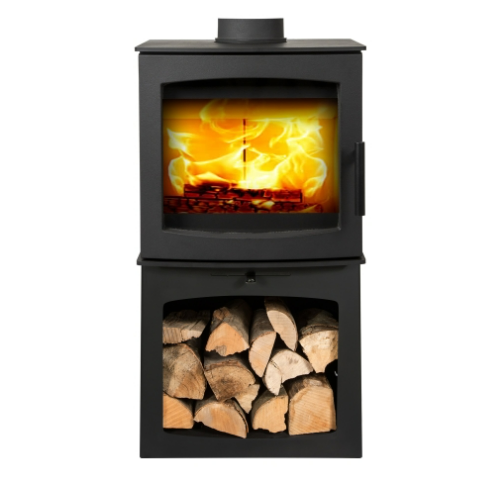 Mi-Fires Tinderbox Small 5kW Wood Stove on Log Box. ECODesign 2022, Smoke Control Area Exempt, 82.7% Efficient, A+ Energy Rating at The Stove House Ltd. West Sussex.