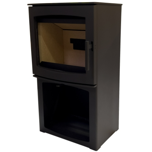 Mi-Fires Tinderbox Small 5kW Wood Stove on Log Box. ECODesign 2022, Smoke Control Area Exempt, 82.7% Efficient, A+ Energy Rating at The Stove House Ltd. West Sussex.