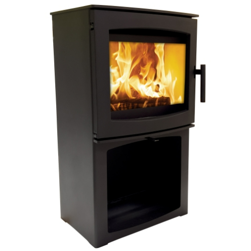 Mi-Fires Tinderbox Small 5kW Wood Stove on Log Box. ECODesign 2022, Smoke Control Area Exempt, 82.7% Efficient, A+ Energy Rating at The Stove House Ltd. West Sussex.