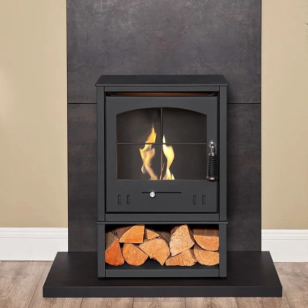 oko S2 traditional square BIOETHANOL woodburning STOVE WITH patterned door and LOG STORE