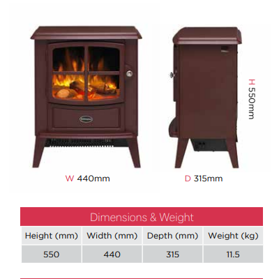 The Dimplex Brayford Burgundy Optiflame electric stove has a classic modern design perfect for all interiors.  Optiflame effect with 2kW fan heater at The Stove House Ltd.