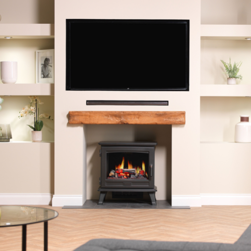 Dimplex Sunningdale Opti V comes in a Matt black cast iron effect with Opti V 3D effect. The unique flame effect is shown via an HD TV screen with an illuminated LED fuel bed at The Stove House Ltd.