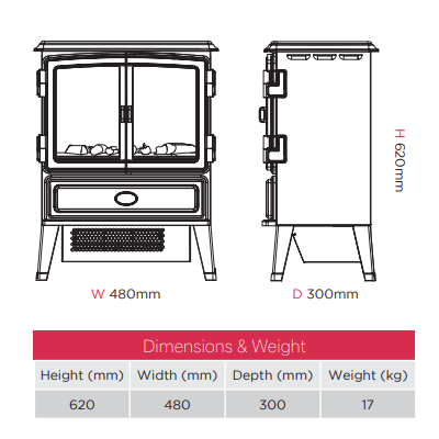 Dimplex Auberry Optimyst Electric Stove.  Integrated heater which provides up to 2kW of heat.  LED lighting, remote control, and thermostat at The Stove House Ltd. West Sussex