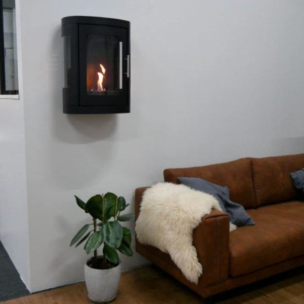 Scandiflame Oregon Modern 3 sided glass Wall hung bioethanol stove / fire that doesnt need a flue but produces real heat and has real flames sold at The Stove House based in Midhurst