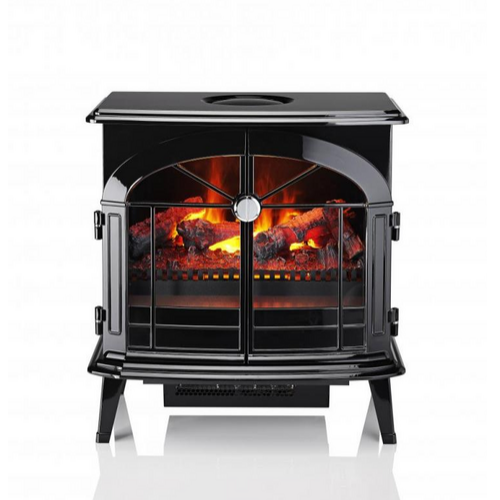 Dimplex Burgate Optimyst Electric Stove.  Integrated electric heater which provides up to 2kW of heat. This electric fire comes in a classic glass black finish with an LED lighting effect, remote control, and thermostat at The Stove House Ltd. West Sussex