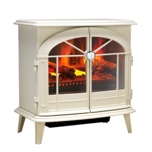 Dimplex Meribel Optimyst Electric Stove.  Integrated electric heater which provides up to 2kW of heat in a classic gloss cream finish at The Stove House Ltd. West Sussex