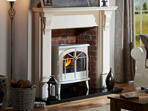 Dimplex Meribel Optimyst Electric Stove.  Integrated electric heater which provides up to 2kW of heat in a classic gloss cream finish at The Stove House Ltd. West Sussex