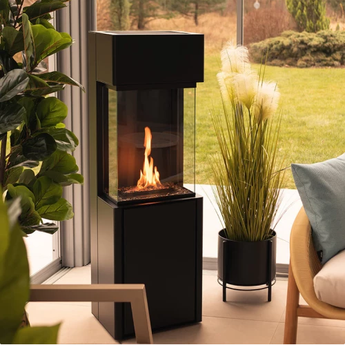 Planika Arcticon three-sided freestanding automatic bio fireplace. 
Up to 3.5 kW heat effect and 35 hours of burning time and does not require a chimney. Up to 33 hours of burn time at The Stove House Ltd. West Sussex.
Controlled by remote or control panel