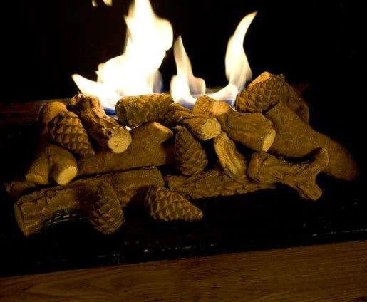 an extra large fake log and pine cone fire bed set to sit around the flames of a bioethanol fire to make it look realistic