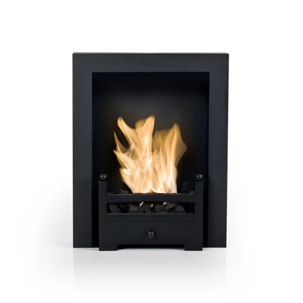 A Bioethanol metal Fireplace box Insert to sit inside a fireplace opening and convert an old open, gas or electric fire inset into a working live fireplace with real flames and real heat but no chimney or flue is needed as it burns bio ethanol liquid / fuel