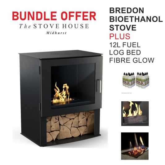 imagin ledbury bioethanol black large stove with log store underneath and comes with the fuel to burn the log bed to go round the fire and the glowing embers as a reduced offer bundle price