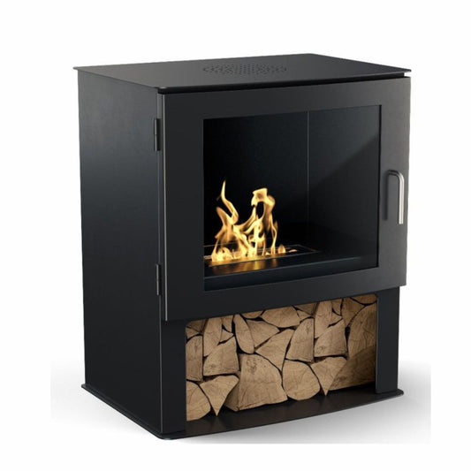 Imagin Ledbury Large Bioethanol Modern Stove. A large bio ethanol stove that burns liquid and does not need a chimney. it has a log store under the stove and a large glass window.